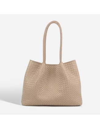 Woven vegetable basket bag, handmade handbag, large capacity shoulder tote bag, leather mother-and-child bag, bucket bag